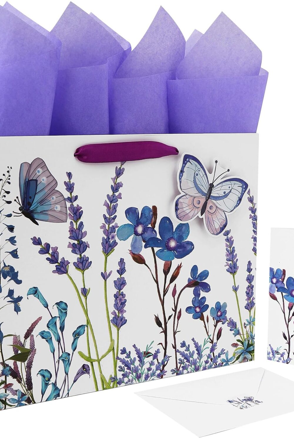 Qirrmiy 13" Large Purple Gift Bag Set with Greeting Card and Tissue Paper (Lavender and 3D Butterfly) Women's Birthday, Mother's Day, Girls Party, Wedding, Valentine's Day