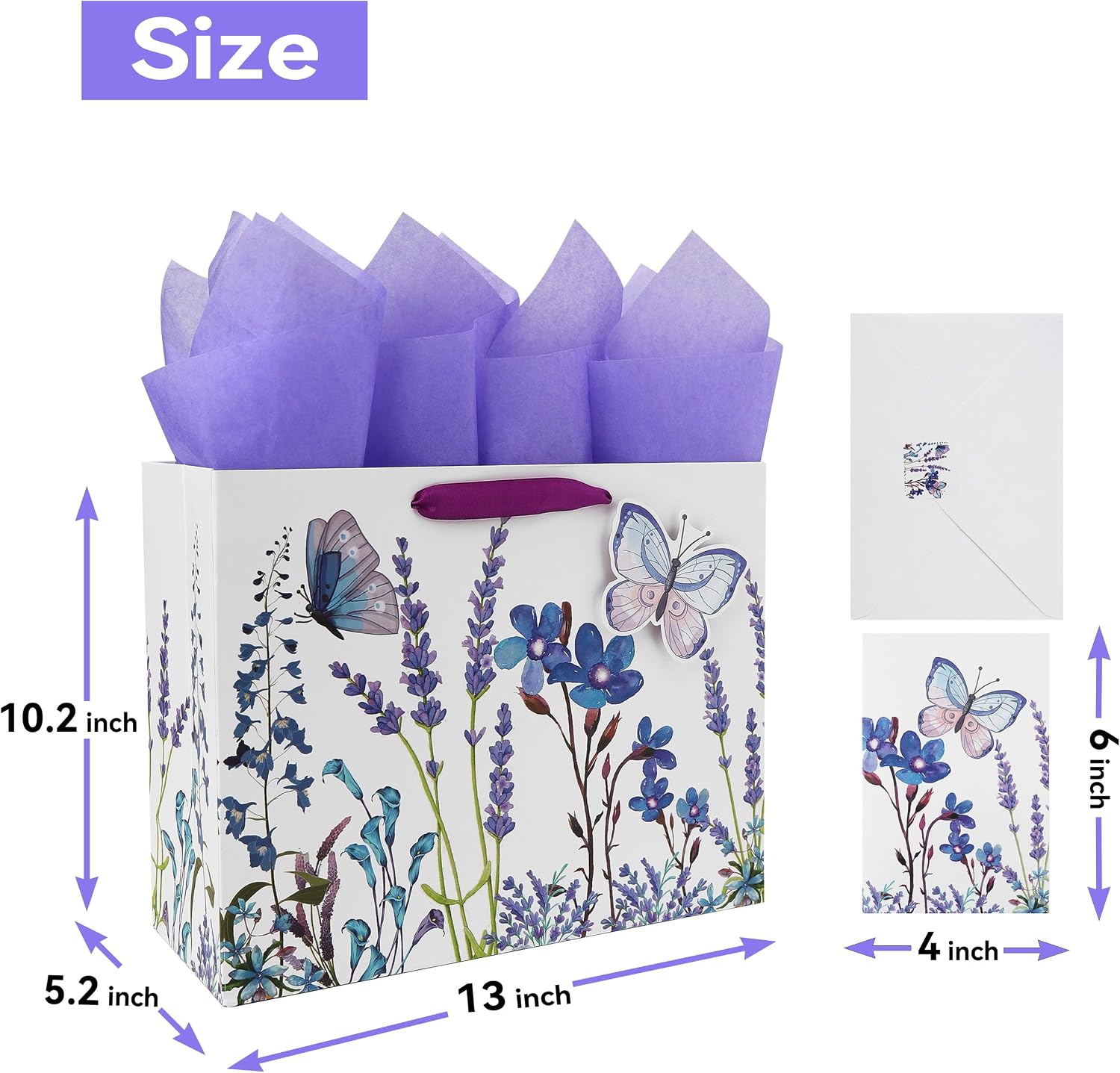 Qirrmiy 13" Large Purple Gift Bag Set with Greeting Card and Tissue Paper (Lavender and 3D Butterfly) Women's Birthday, Mother's Day, Girls Party, Wedding, Valentine's Day - Image 2