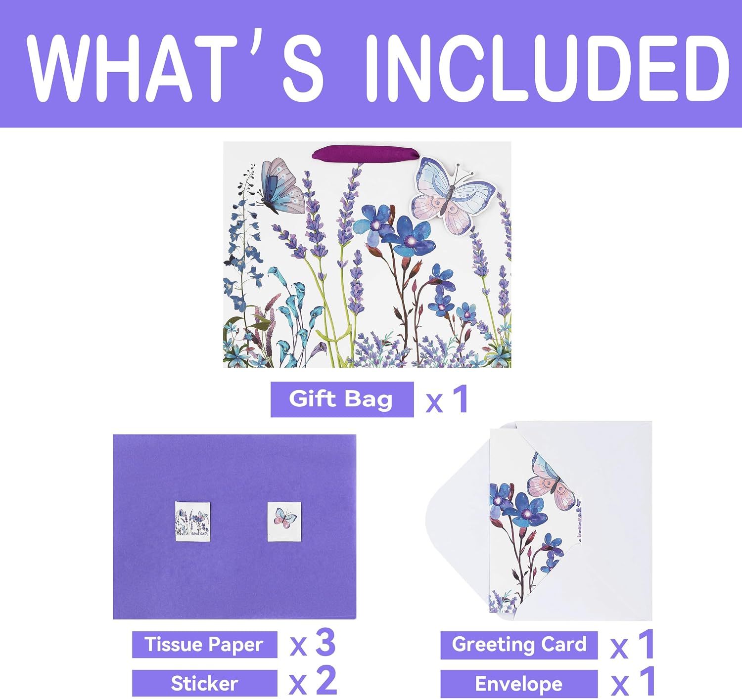 Qirrmiy 13" Large Purple Gift Bag Set with Greeting Card and Tissue Paper (Lavender and 3D Butterfly) Women's Birthday, Mother's Day, Girls Party, Wedding, Valentine's Day - Image 3