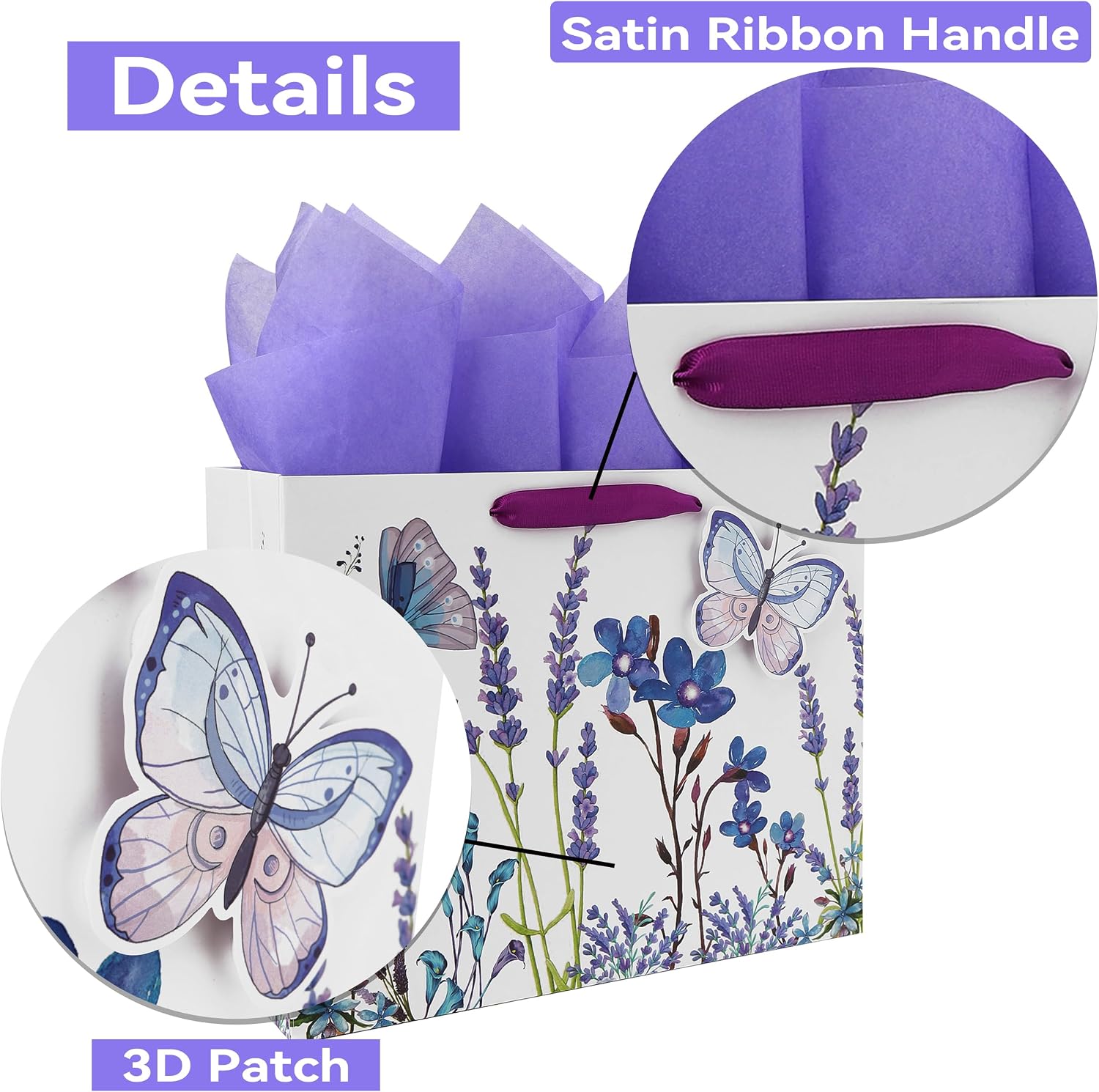 Qirrmiy 13" Large Purple Gift Bag Set with Greeting Card and Tissue Paper (Lavender and 3D Butterfly) Women's Birthday, Mother's Day, Girls Party, Wedding, Valentine's Day - Image 4