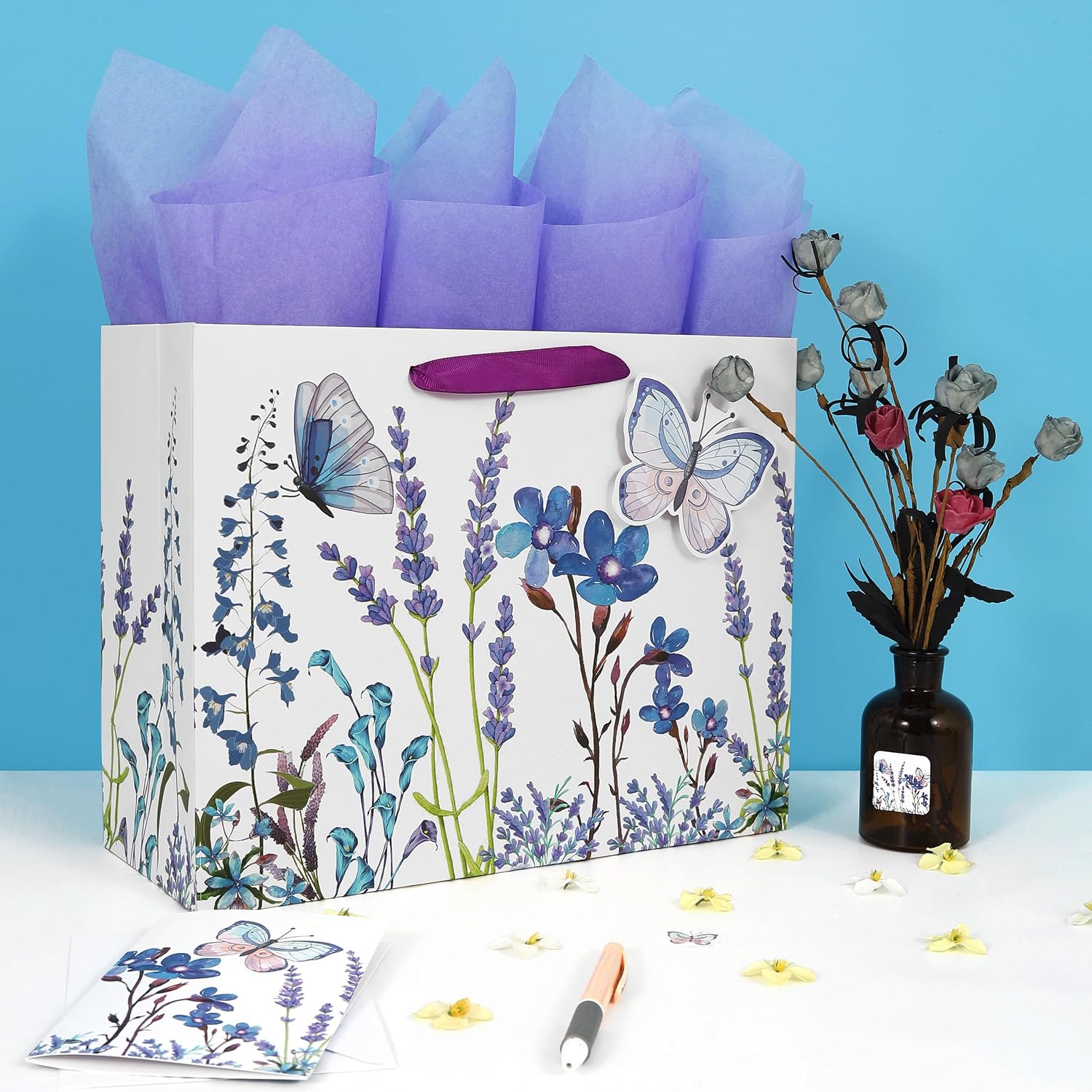 Qirrmiy 13" Large Purple Gift Bag Set with Greeting Card and Tissue Paper (Lavender and 3D Butterfly) Women's Birthday, Mother's Day, Girls Party, Wedding, Valentine's Day - Image 5