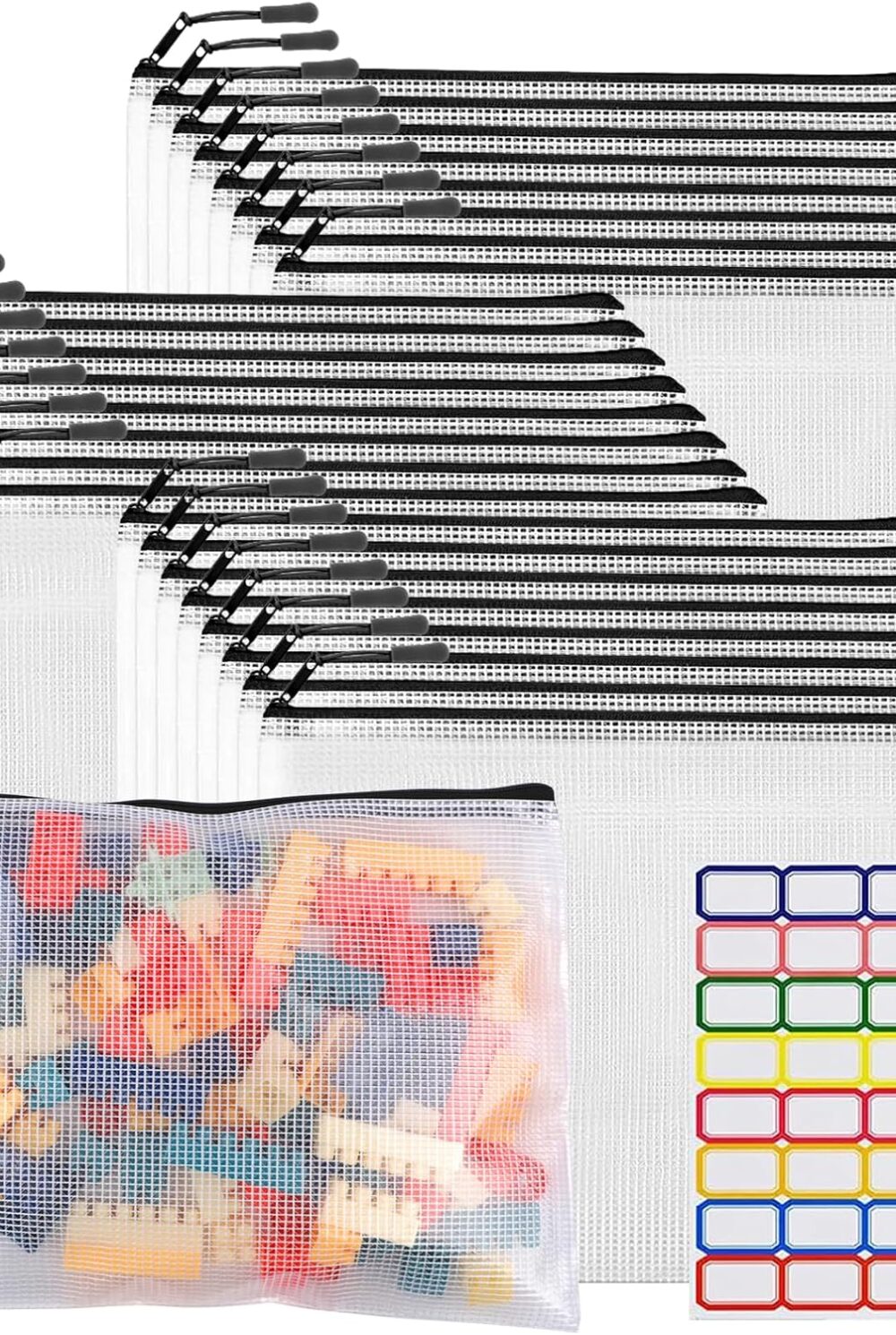 YOPCDJ 24pcs Large Mesh Zipper Pouch File Bags Reusable Zippered Pouches for Organizing Classroom, Board Game Storage, Puzzle Bags Black